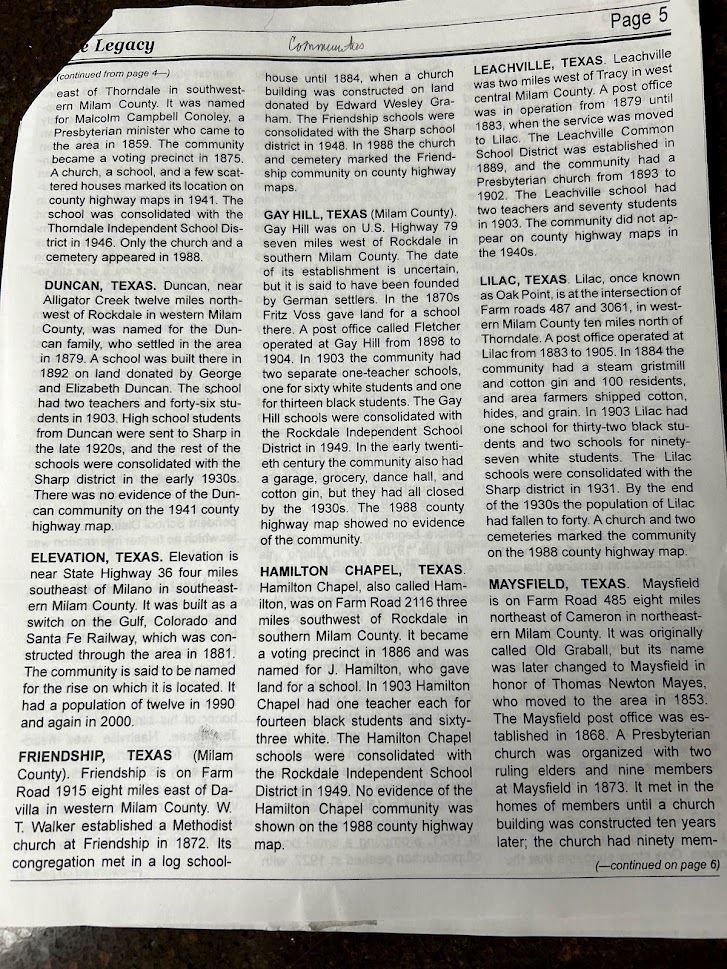 2. Legacy Histories of Conoley,  Duncan, Elevation Friendship, Gay Hill, Hamilton Chapel, Leadville,